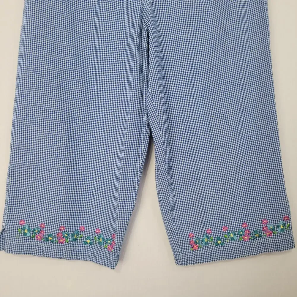 Vintage Gingham Cropped Pull On Pants sz L Blue Floral Embroidered Hems Cottage